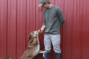 Pastured poultry farmer in front of barn with dog